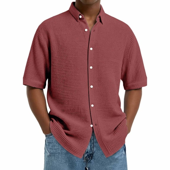 Blczomt Button Down Mens Short Sleeve Shirts Casual Big & Tall Waffle Red Shirts Plain Oversized Button Up Big and Tall Tops