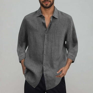 Blczomt Button Down Shirt Men Collar Summer Button Up Shirts Casual Plain 3/4 Sleeve Gray Clothes
