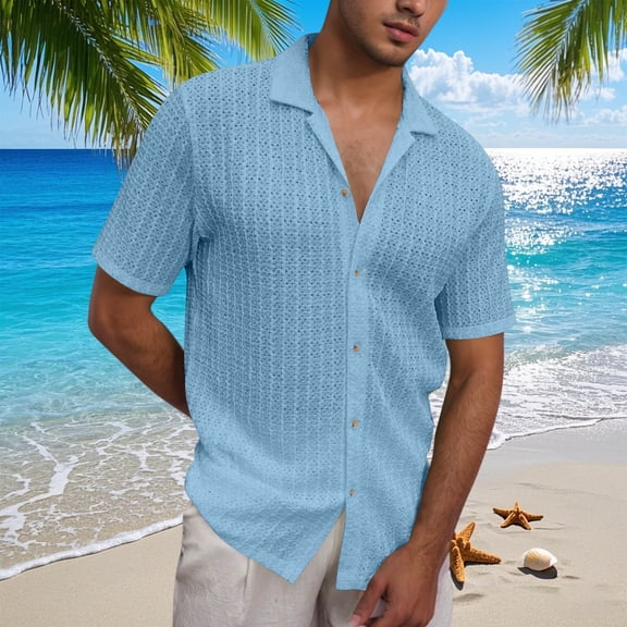 Blczomt Button Down Shirts for Men Plain Summer Beach Shirt Casual Collared Blue Solid Fashion