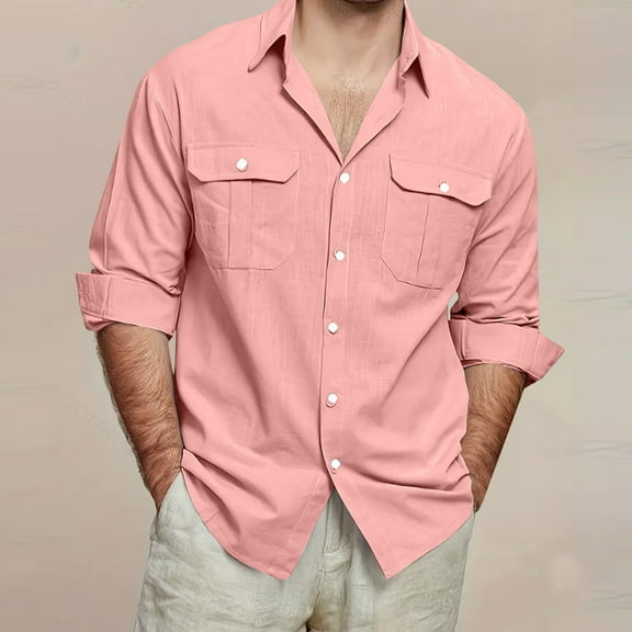 Blczomt Button Down Shirts for Men Summer Plain Linen Shirts Cotton Pink Pockets Casual Shirt