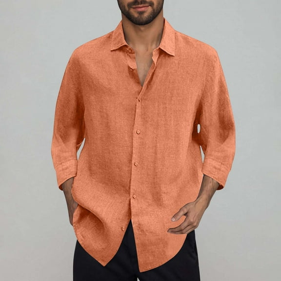 Blczomt Button Up Hawaiian Shirt for Men Collar Summer Button Down Shirts Plain Casual 3/4 Sleeve Orange Men Clothing