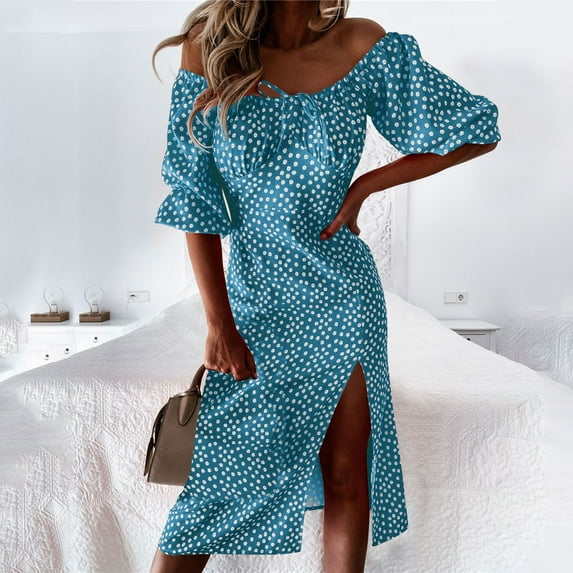 Blczomt Casual Dress Women Blue 3/4 Sleeve Polka Dot Dressy A Line Slit Crewneck Dress