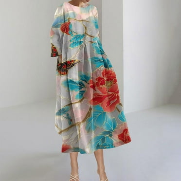 Blczomt Casual Dress for Women Floral Midi White Long Sleeve A Line Pockets Flowy Crewneck Dress