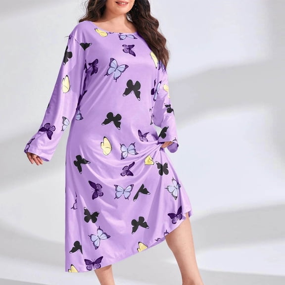 Blczomt Casual Dresses for Women 2025 Purple Midi Graphic Long Sleeve Dress Soft Plus Size Crew Neck Dress