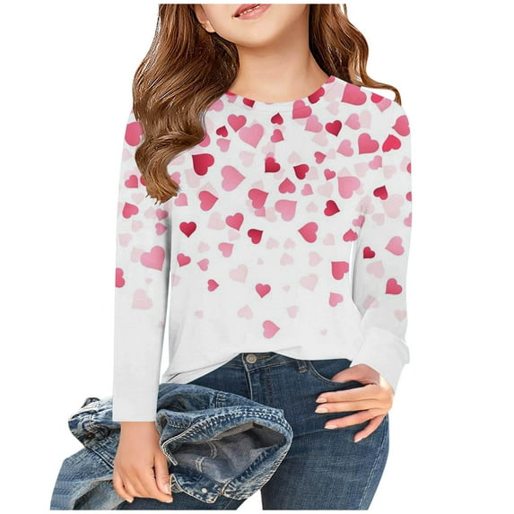 Blczomt Casual Girls Shirt Long Sleeve Cute T Shirts Comfy Loose Heart Print Valentines White Children's Clothes