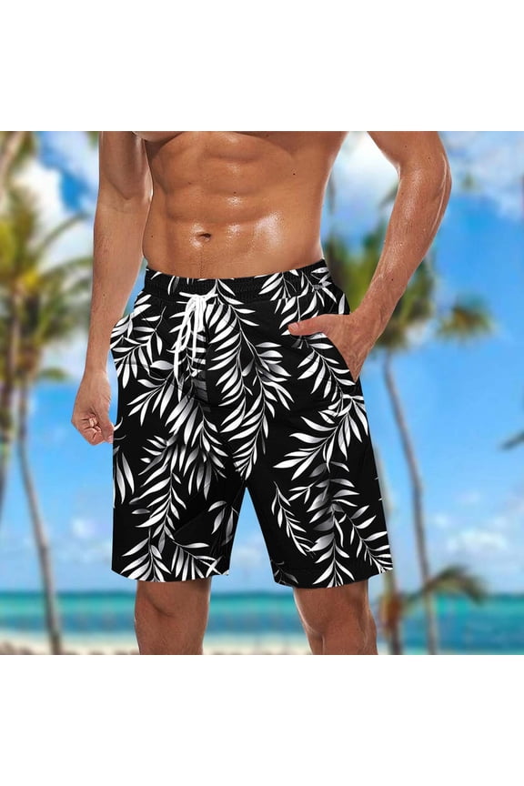 Casual Men's Shorts Beach Summer Vacation Black Print Elastic Waist Drawstring Mens Fashion,L
