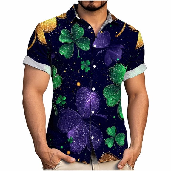 Blczomt Casual Mens Short Sleeve Shirts Purple St.Patrick's Day Big and Tall Button Down Tshirts Clover Graphic Classic Tshirt for Men