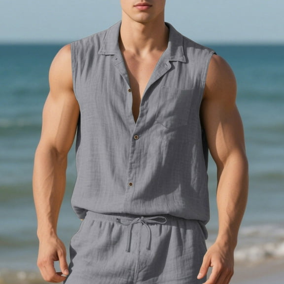 Blczomt Casual Mens Tank Tops Sleeveless Summer Linen Shirt Lapel Plain Gray Button Up Shirts