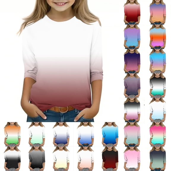 Blczomt Casual Shirt Girls 3/4 Sleeve Basic T Shirts Comfy Trendy Gradient Red Crewneck Little Girl Clothes