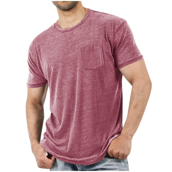 Blczomt Casual Shirts for Men Short Sleeve Solid Color T Shirts Plain Pockets Summer Crew Neck Pink Mens Clothes