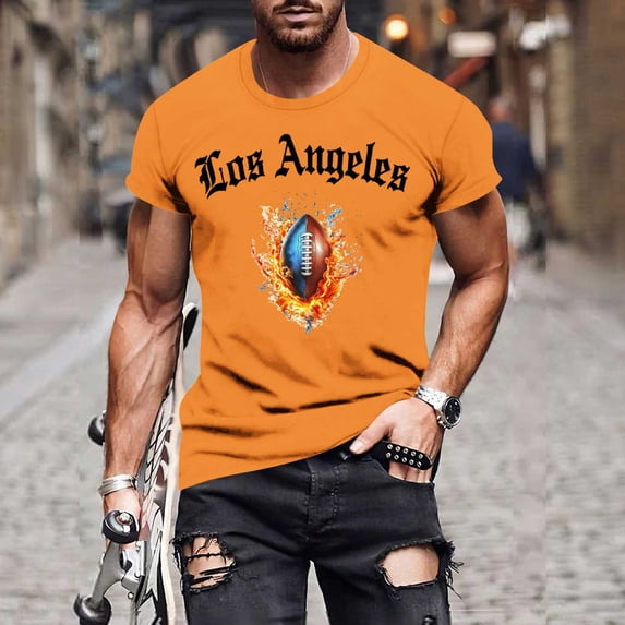 Blczomt Casual Short Sleeve Shirt Men Orange Vintage T-Shirt Oversized Los Angeles California Summer Big and Tall Men Clothes