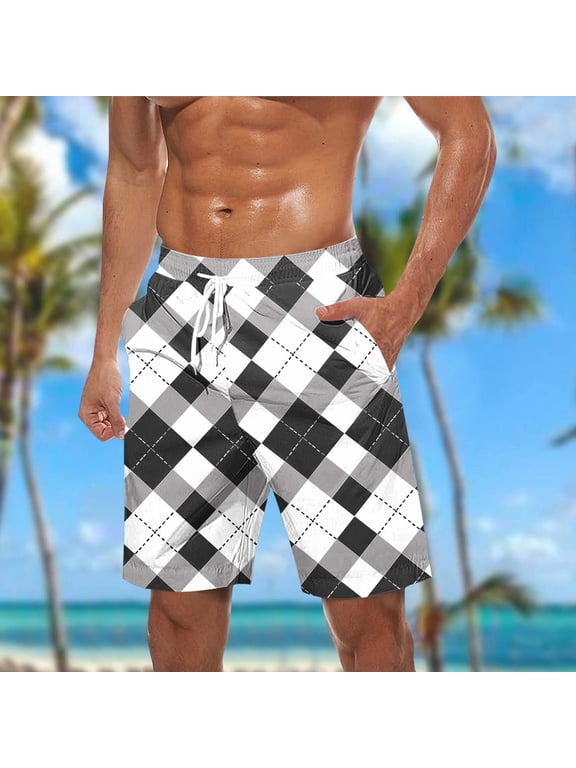 Casual Shorts for Men Summer Beach Elastic Waist with Pockets Plaid White Drawstring Mens Shorts,M