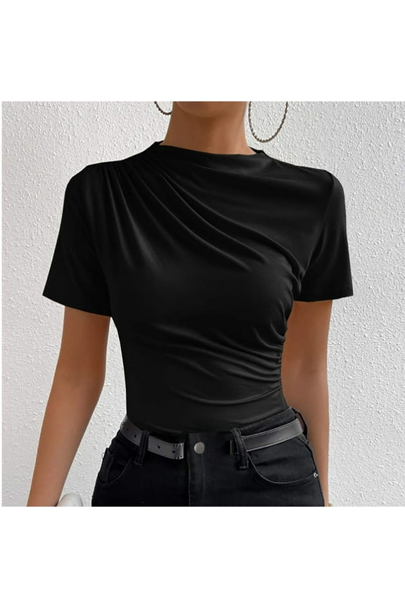 Casual T-Shirt for Women Basic Black Summer Tops Workout Athletic Pleats Short Sleeve Womens Blouses