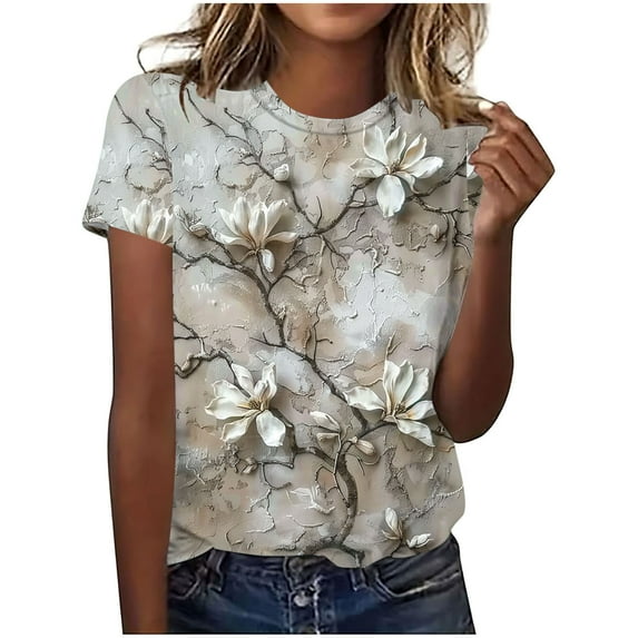 Blczomt Casual Tops for Women Short Sleeve Summer Crew Neck T Shirts Floral Loose Fit Womens Spring Blouses