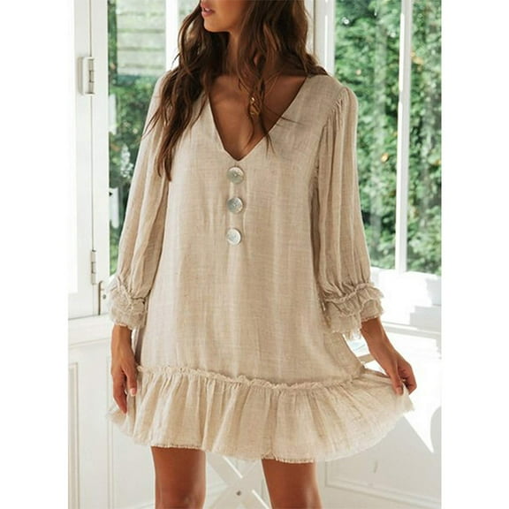 Blczomt Casual Women Dress Long Sleeve Beige Mini Plain A Line Button V Neck Flowy Dress