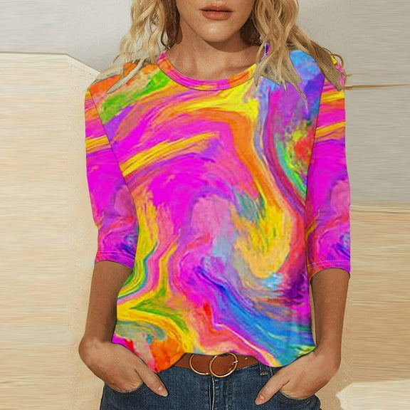 Blczomt Casual Women Tops Tie Dye Pink 3/4 Length Sleeve Tees Crew Neck Winter Trendy Blouses Women