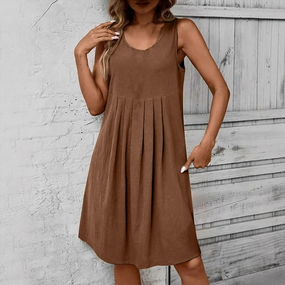 Blczomt Casual Women's Dresses Tank Summer A Line Flowy Sleeveless Brown Cotton Linen Dresses