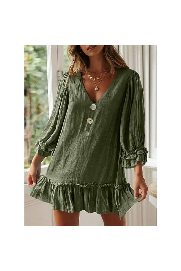 Casual Womens Holiday Dress Green Plain Mini Long Sleeve A Line Flowy V Neck Button Dress