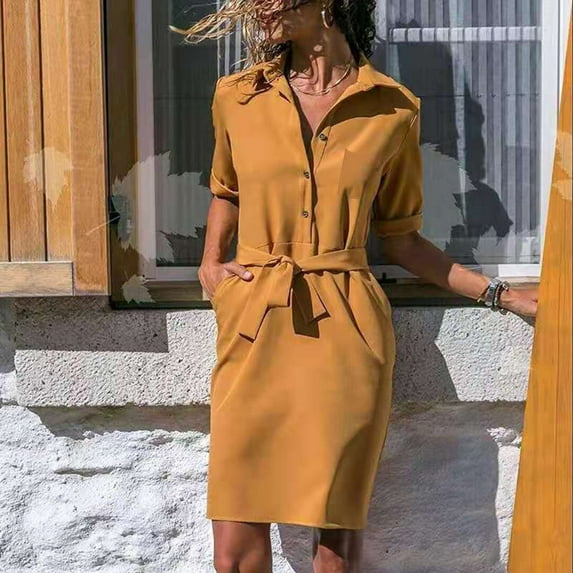 Blczomt Casual Womens Holiday Dress Long Sleeve Yellow Dressy Plain Dress Trendy Fashion V Neck Dresses