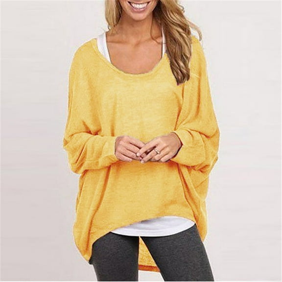Blczomt Casual Womens Tops Yellow Plus Size Batwing Sleeve Shirt Fashion Crewneck Loose Solid Color Ladies Blouses