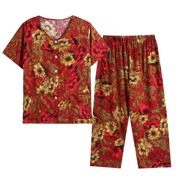 Blczomt Christmas Pajamas Kids Red Two-Piece Set Short Sleeve Floral Cotton Sleepwear Sets Robe Women Plus Size