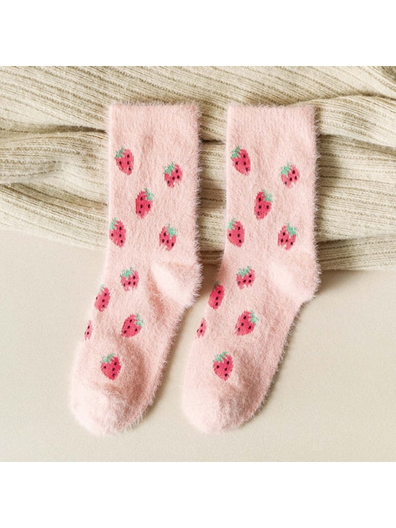 Socks Women Crew Fluffy Slipper Sock Fuzzy Solid Pink Strawberry Print Socks Women