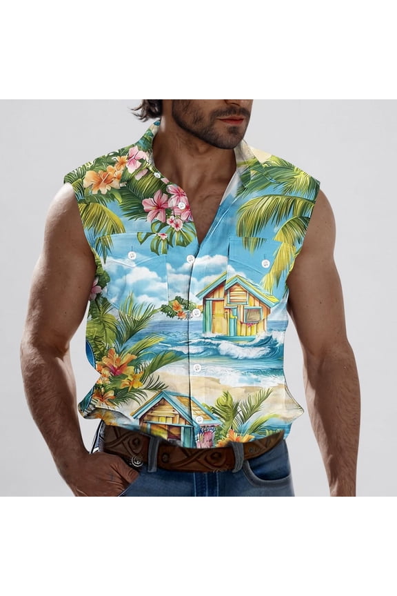 Collared Men Tank Top Button Down Hawaiian Sleeveless Shirt Casual Beach Vacation Summer Men Tops