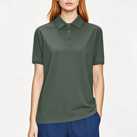 Blczomt Collared Womens Plus Size Tops Polo Short Sleeve Shirt 2025 Green Solid Color Quick Dry Womens Blouses