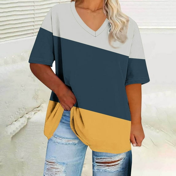 Blczomt Color Block Casual Tops for Women Oversized Shirts Crew Neck Plus Size Loose Gray Womens Blouses Casual