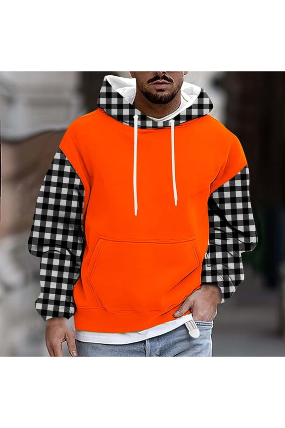 Color Block Hoodies Men Pullover Sweatshirt Hoodies Casual Warm Orange Plaid Winter Mens Fashion,L
