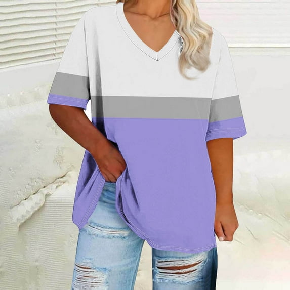 Blczomt Color Block Spring Tops for Women Oversized Shirts Loose Plus Size Crew Neck Purple Womens Blouses Casual