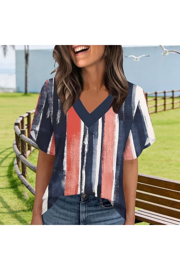 Color Block Womens Tops Casual Orange Dressy Shirt V Neck Lightweight Trendy,M