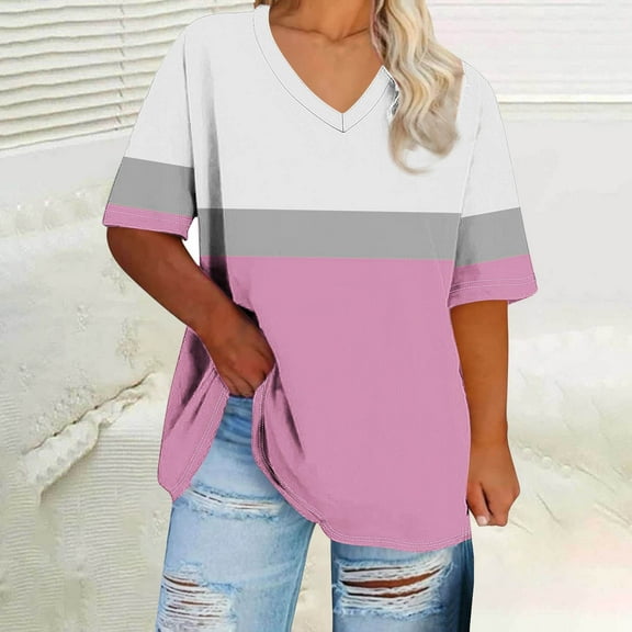 Blczomt Color Block Womens Tops Casual Oversized Shirts Pink Loose Crew Neck Plus Size Blouses for Women Casual