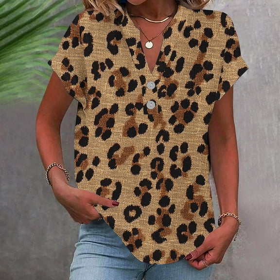Blczomt Cotton Linen Summer Tops for Women V Neck Shirts Dressy Blue Leopard Print Casual Women's Blouse