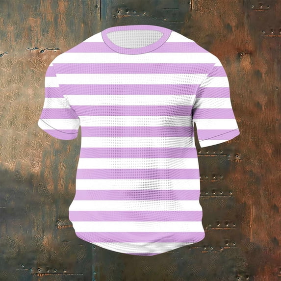 Blczomt Crew Neck Short Sleeve T Shirts for Men Purple Summer T Shirt Casual Regular-Fit Waffle Knit Striped Mens Clothes