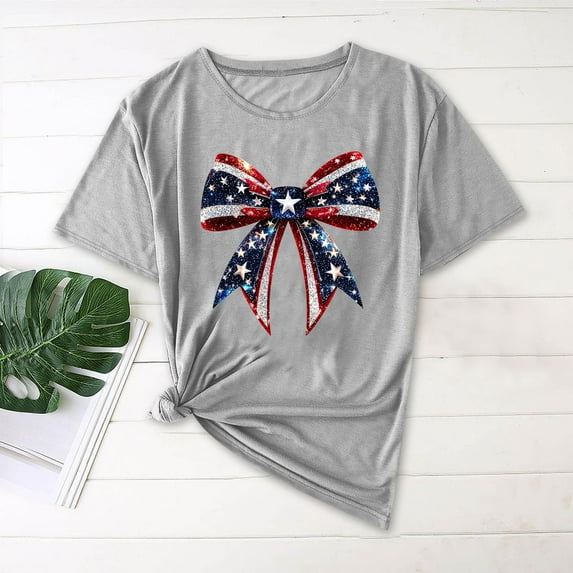 Blczomt Crew Neck Short Sleeve Tops for Women Independence Day T Shirt Casual American Flag 2025 Gray Womens Blouses