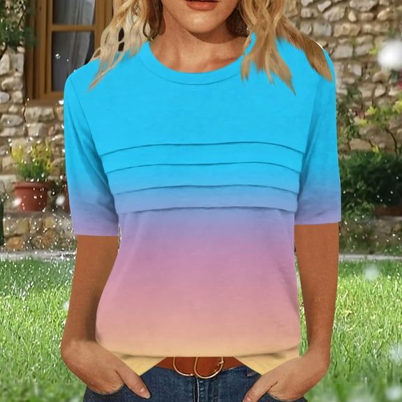 Blczomt Crew Neck Spring Tops for Women 2025 Casual Short Sleeve Graphic Tees Summer Loose Fit Blue Gradient Women's Blouses