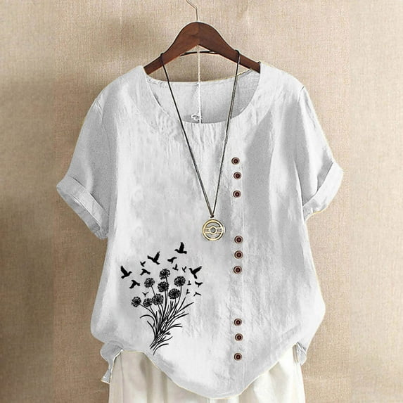 Blczomt Crew Neck Spring Tops for Women Floral Short Sleeve T Shirt Trendy Summer White Womens Blouses Casual