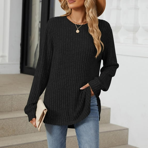 Blczomt Crew Neck Sweaters for Women Long Sleeve Sweaters Plain Pullover Black Women Blouse