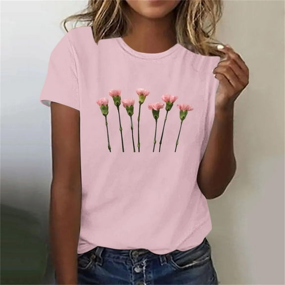 Blczomt Crew Neck Tops for Women Trendy Summer Casual Short Sleeve T Shirt Vacation Pink Floral Spring Blouses for Women 2025