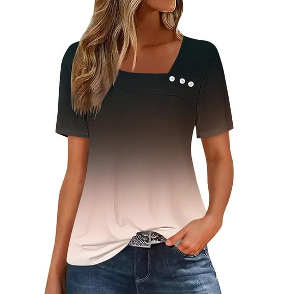 Blczomt Crew Neck Womens Casual Tops Summer Short Sleeve T Shirts Gold Trendy Gradient Womens Shirts