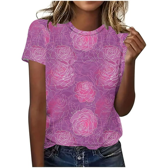Blczomt Crew Neck Womens Short Sleeve Tops Summer T Shirts Casual Loose Fit Floral Shirts for Women