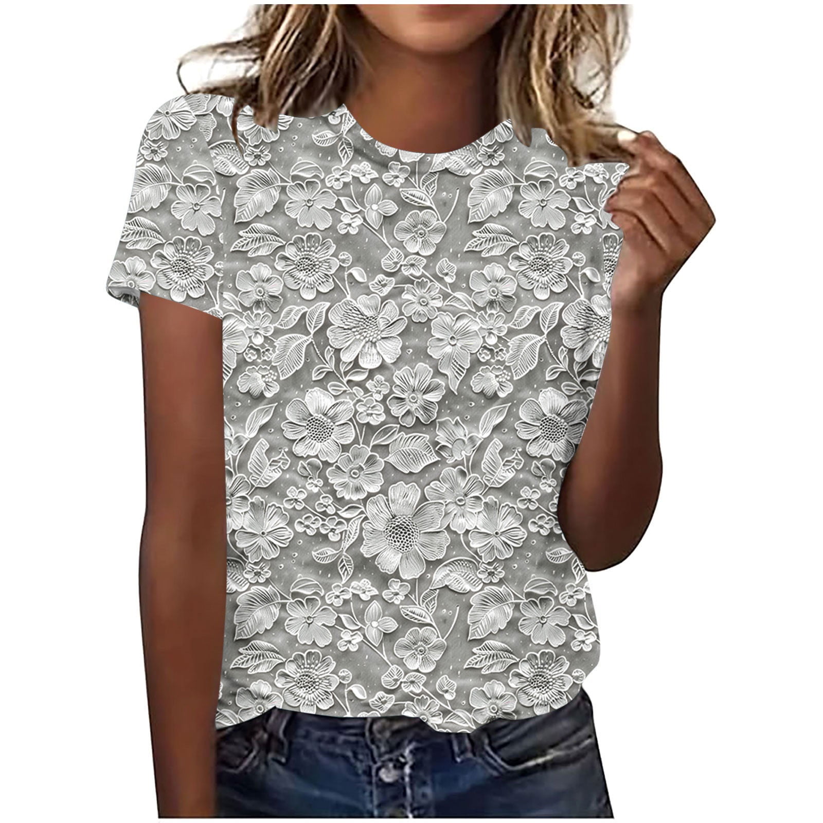 Blczomt Crew Neck Womens Short Sleeve Tops Summer T Shirts Plain Floral ...