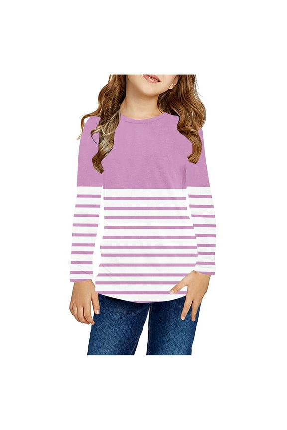Crewneck Girl Shirts Pink Striped Tops Color Block Casual Cute Long Sleeve Kids Girls Clothes
