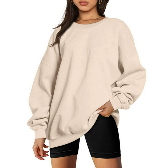 Blczomt Crewneck Sweatshirt Women Solid Color Fall Winter Beige Sweatshirts Plain Long Sleeve Casual Tunic Womens Winter Tops