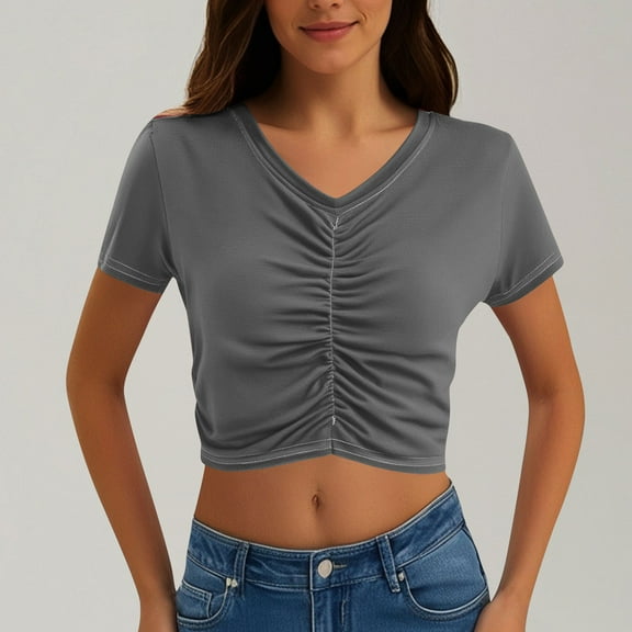 Blczomt Crop Plus Size Tops for Women Short Sleeve Going Out Basic Tees Workout Casual Gray Gym Summer Women's Blouse