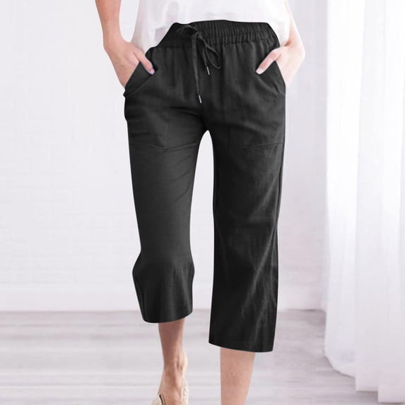 Blczomt Straight Cargo Pants Women Soild Wide Leg Cropped Drawstring Pants Light Weight Pure Color Plus Size Office with Pockect Trousers