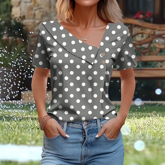 Blczomt Cute Spring Tops for Women 2025 Polka Dot Short Sleeve Shirt Gray Button Dressy Casual V Neck Women's Blouses