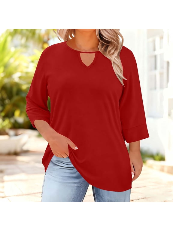 Cute Womens Plus Size Tops Casual Red Plain Blouse Keyhole Neck 2026 Lightweight Women Shirts,L