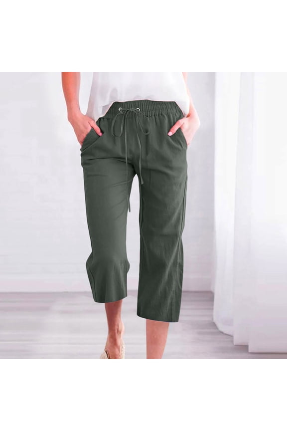 Drawstring Cargo Pants Women Elastic Waisted Causal Cropped Loose Pants with Pockect Chic Regular Pure Color Plus Size Slacks